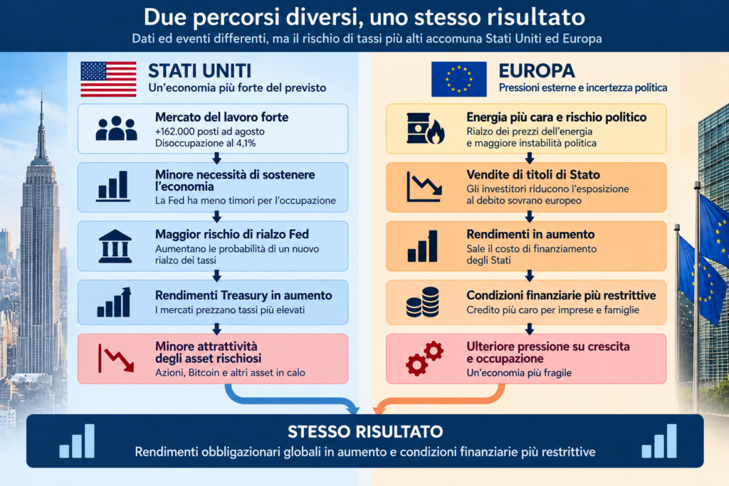Confronto tra Stati Uniti ed Europa: due percorsi diversi verso rendimenti più alti e condizioni finanziarie più restrittive